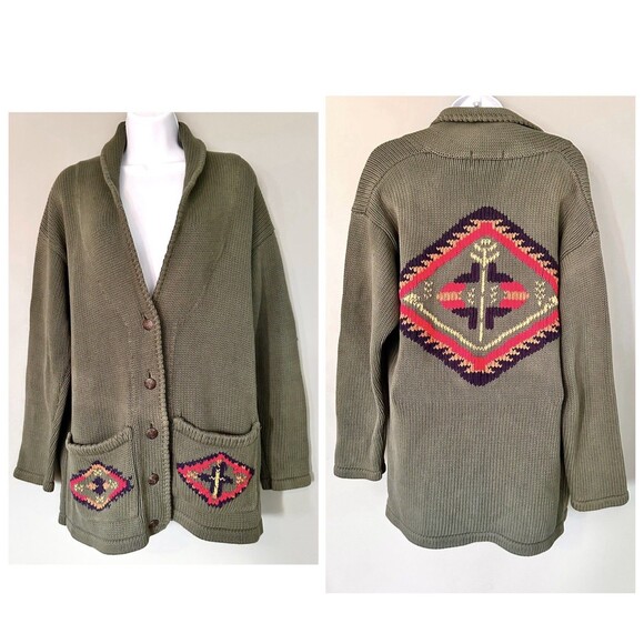 VTG Eddie Bauer Cardigan Sweater Women M Aztec Navajo Southwestern Green Pockets - Picture 1 of 11